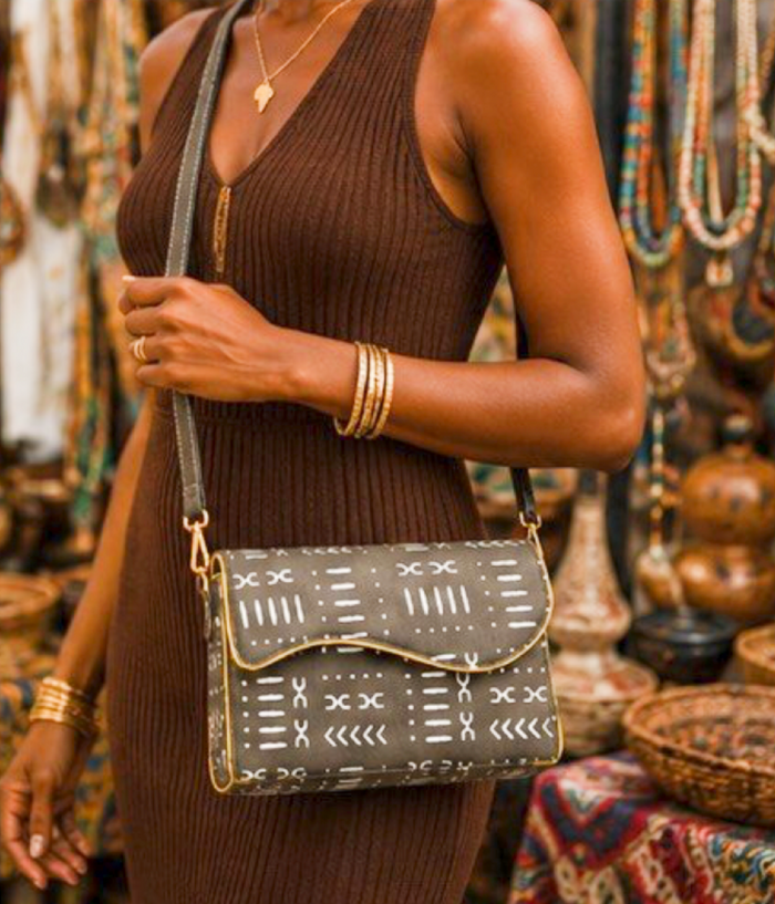 African Print Crossbody Purse with Strap – Taupe Mudcloth-Inspired Design