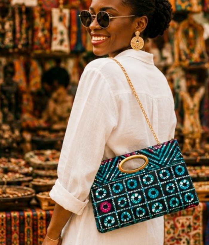 African Print Purse with Gold Chain Strap – Turquoise, Black & Pink