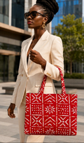 African Print Tote / Work Bag with Zipper Top – Red Mudcloth-Inspired Design