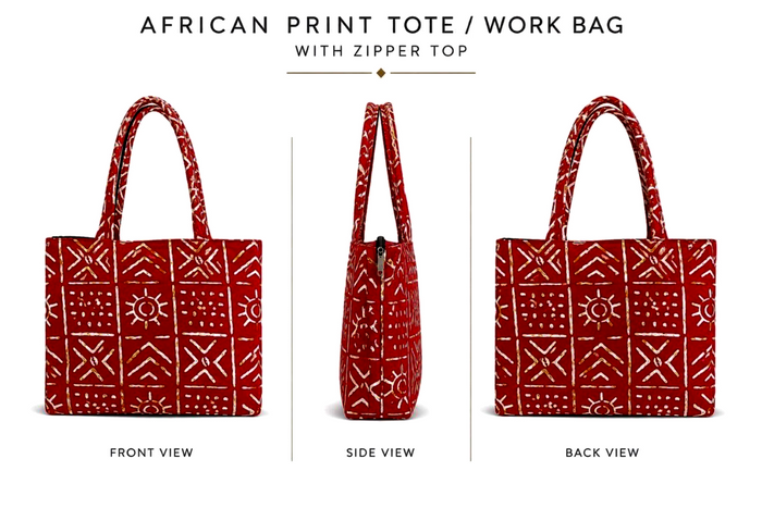 African Print Tote / Work Bag with Zipper Top – Red Mudcloth-Inspired Design