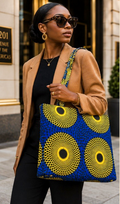 African Print Tote / Work Bag with Zipper Top – Royal Blue & Yellow