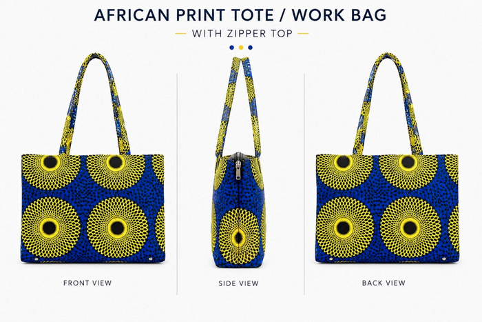 African Print Tote / Work Bag with Zipper Top – Royal Blue & Yellow