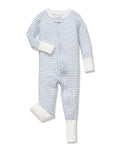 The Baby's Pima Peekaboo Romper in La Mer features a blue wave pattern, white cuffs on the sleeves and legs, and a diagonal zipper from the neckline to the left ankle.