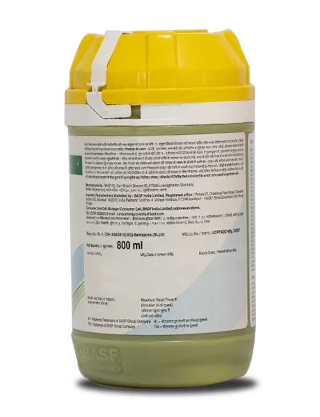 Back label of BASF Basagran 800ml bottle showing product details and dosage information , composition, directions, and manufacturer details