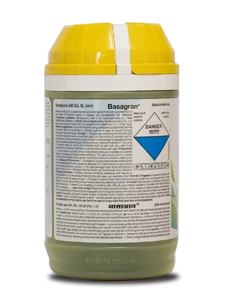 Basagran herbicide back label with hazard warning and detailed usage instructions in English and Hindi.