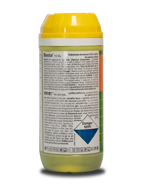 BASF Basta 15 SL Herbicide technical label featuring Glufosinate Ammonium 13.5% w/w SL composition and safety instructions. Basta 15 SL herbicide label with chemical composition and "Danger/Khatra" safety warning in Hindi and English.