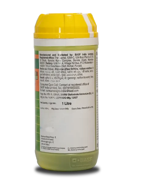BASF Basta 1 Litre bottle label showing manufacturing details, consumer care information, and Glufosinate Ammonium SL registration. Back label of Basta herbicide by BASF India Limited with registered office address and customer care contact details.