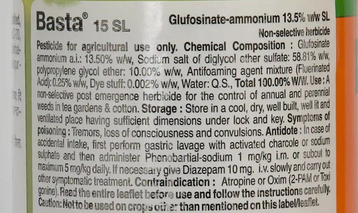 Basta 15 SL herbicide label details showing chemical composition, storage instructions, and antidote information for poisoning symptoms.
