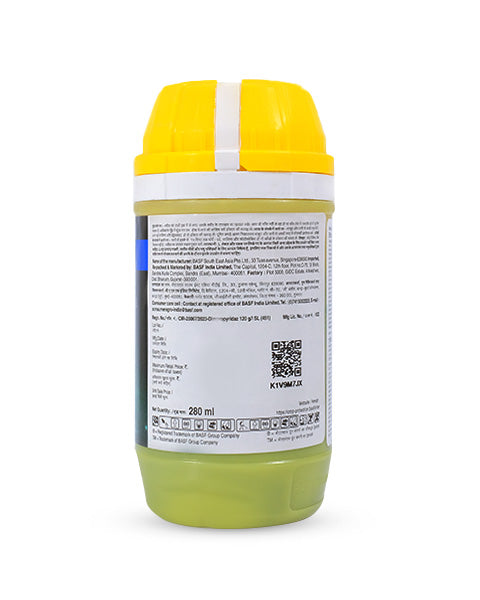 BASF Efficon Dimpropyridaz 120 g/l SL 280ml bottle back label showing QR code and manufacturing details.Product label of Efficon Insecticide by BASF India Limited with usage instructions and technical composition.