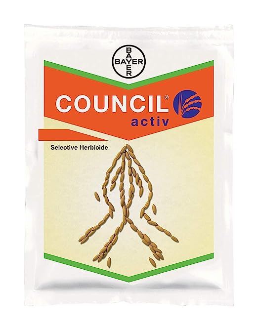 Bayer Council Activ selective herbicide packaging, featuring Triafamone 20% + Ethoxysulfuron 10% WG for rice weed control.