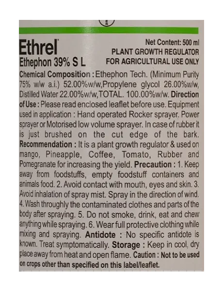 Bayer Ethrel composition is Ethephon 39% SL and other label information in English