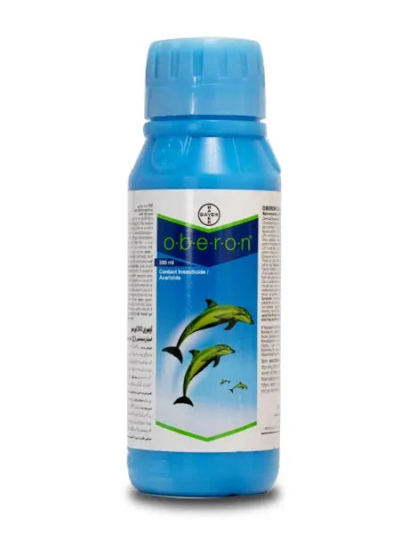 Bayer Oberon insecticide bottle for mite and whitefly control in vegetable and cotton crops.