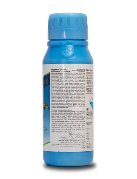 Back view of Bayer Oberon 240 SC insecticide bottle showing label details, dosage and safety instructions