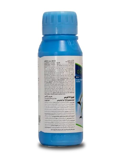 Side view of Bayer Oberon insecticide bottle displaying multilingual label and product information