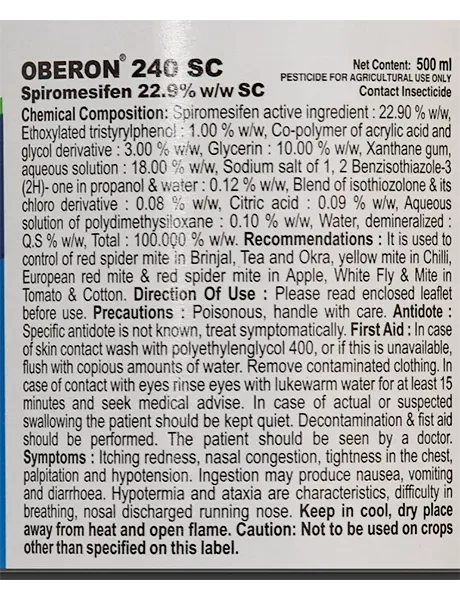 Close-up of Oberon 240 SC label showing chemical composition, usage directions, precautions and safety details