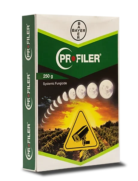Side-angle view of Bayer Profiler 250g fungicide box showing product and packaging design.
