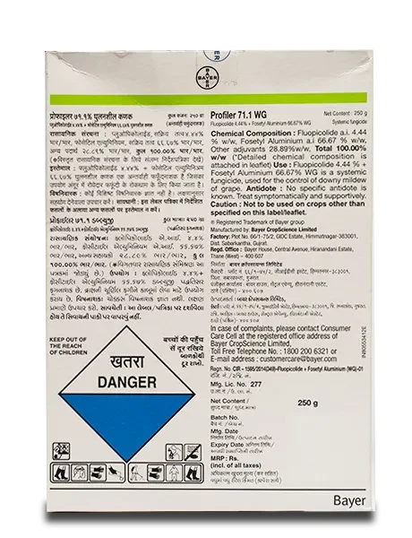 Detailed back packaging of Bayer Profiler fungicide including use instructions for grape downy mildew and safety "Danger" warning.