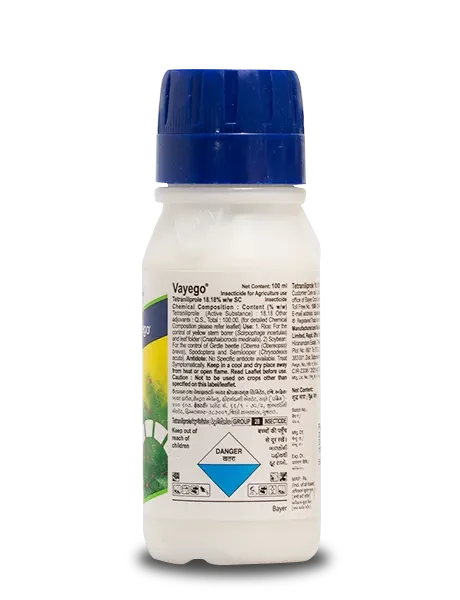 Label on Vayego Insecticide bottle showing Vayego Bayer technical name and general information details.