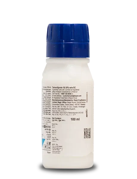 Label on Tetraniliprole Bayer Insecticide bottle showing manufacturer details,and is 100ml in size.