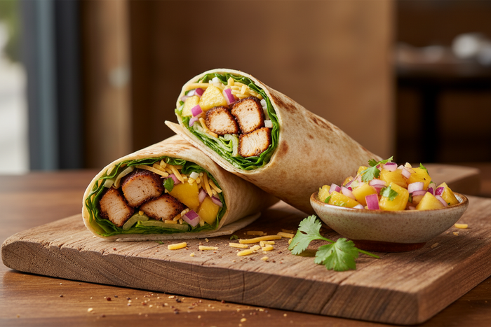 Blackened Chicken, Pineapple Mango Salsa, shredded cheddar, and lettuce on a wrap