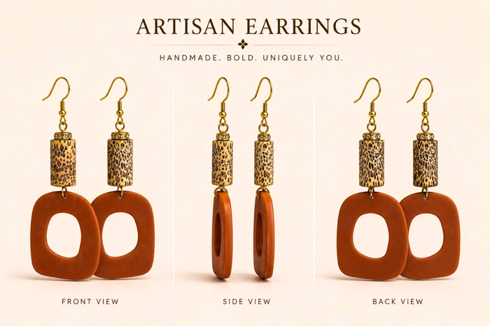 Brown Geometric Artisan Drop Earrings with Animal-Print Accents