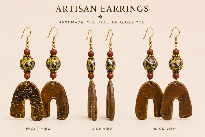 Brown & Multicolor Beaded Artisan Statement Earrings