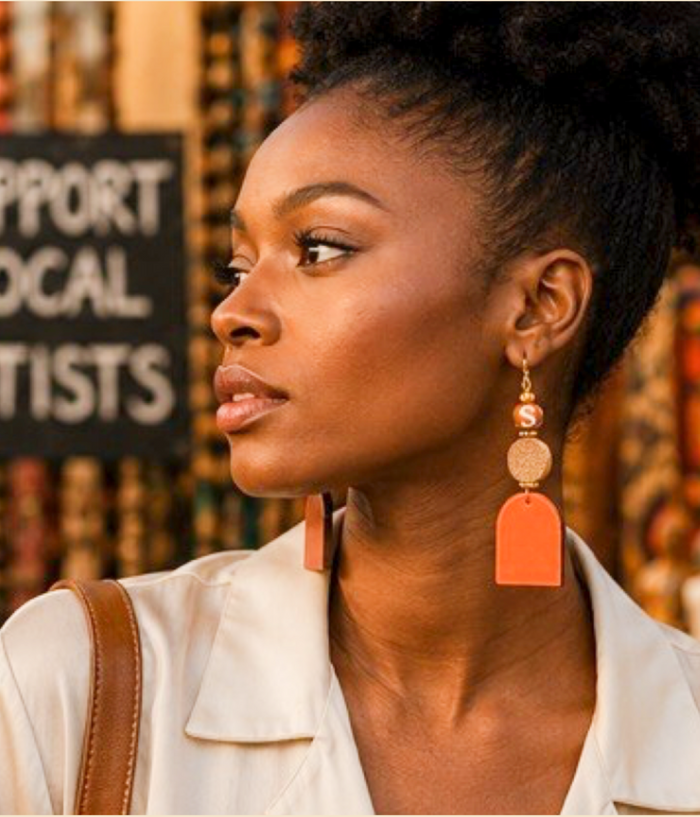 Burnt Orange & Wood Artisan Drop Earrings