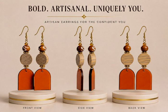 Burnt Orange & Wood Artisan Drop Earrings