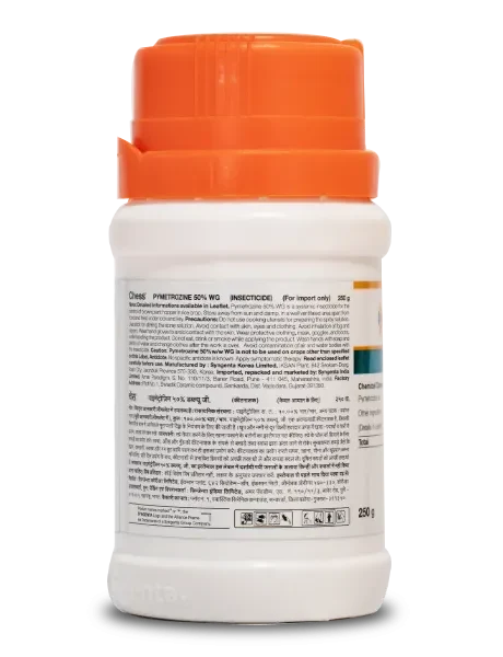 Label on Chess Insecticide bottle showing Syngenta Chess technical name details and general information details in English and Hindi.