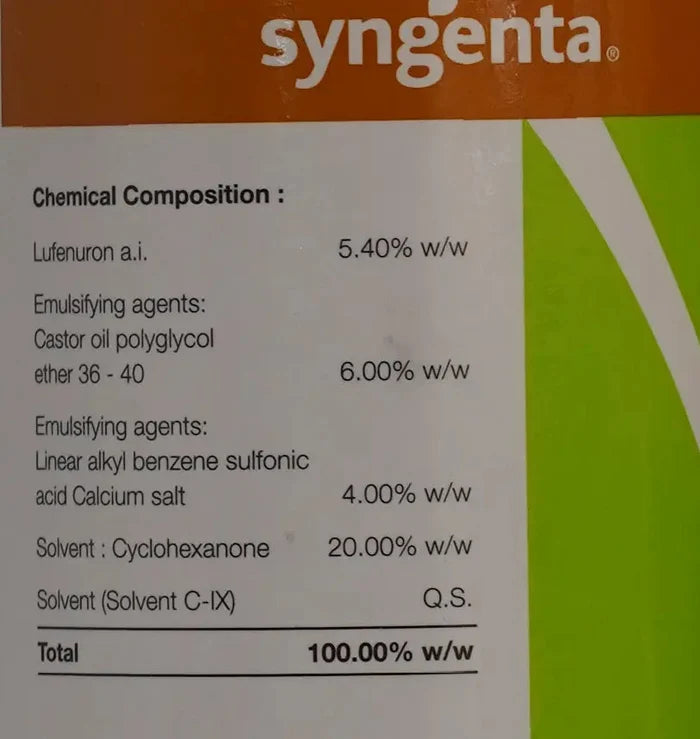 Image of Cigna Insecticide showing technical name Lufenuron 5.4% EC and composition details
