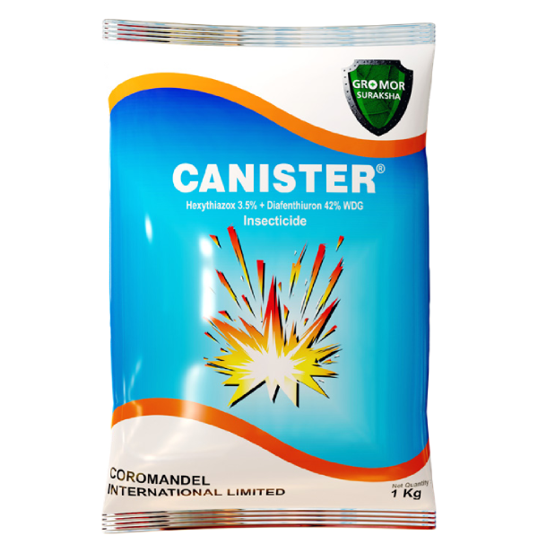 1kg packet of Coromandel Canister Insecticide, containing Hexythiazox 3.5% + Diafenthiuron 42% WDG, with a bright orange blast graphic.