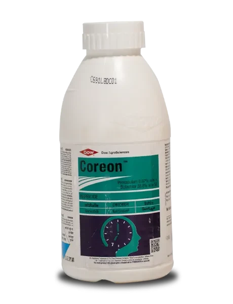 Dow AgroSciences Coreon Herbicide bottle containing Penoxsulam 0.97% and Butachlor 38.8% w/w SE for weed control.
