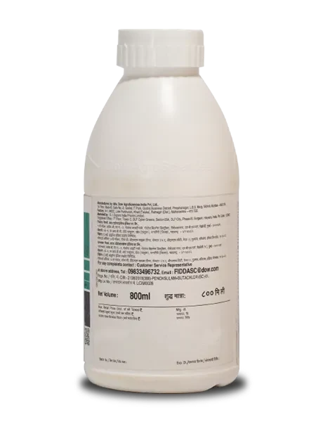 Back label of Dow AgroSciences Coreon Herbicide 800ml bottle showing manufacturing details and contact information.