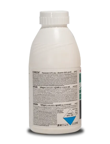 Safety instructions and usage guidelines on the back of a Coreon Herbicide bottle, featuring Penoxsulam and Butachlor compositio in English, Hindi, Punjabi.