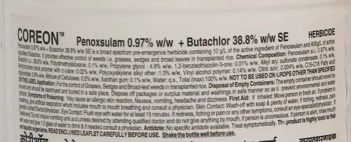 Coreon herbicide product label showing chemical composition: Penoxsulam 0.97% and Butachlor 38.8% w/w SE for weed control in transplanted rice