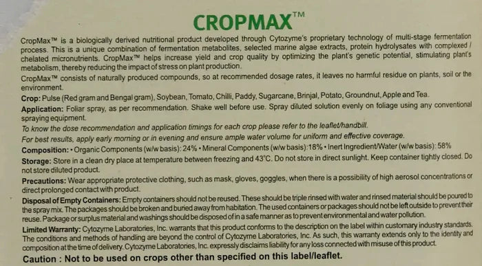 Cropmax growth promoter label displaying recommended crops, application, composition and storage details