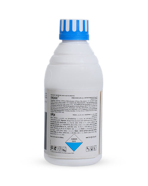 Label on Corteva Engage Insecticide bottle showing engage corteva technical name details and general information details in English and Hindi.