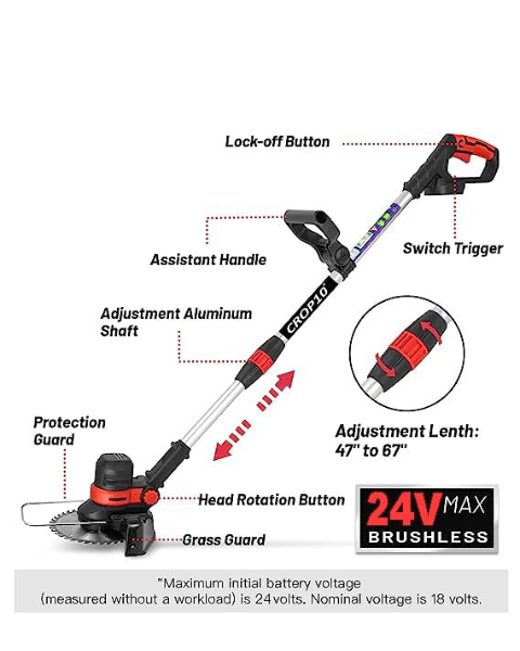 Crop 10 Cordless Electric Portable Grass Cutter 3-in-1 Mower, Grass Trimmer & Weed Cutter| 24V 4Ah Li-Ion Battery Powered