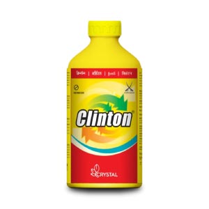 The product shown in the image is Clinton, a non-selective systemic herbicide manufactured by Crystal Crop Protection, it is specifically designed for complete weed management.
