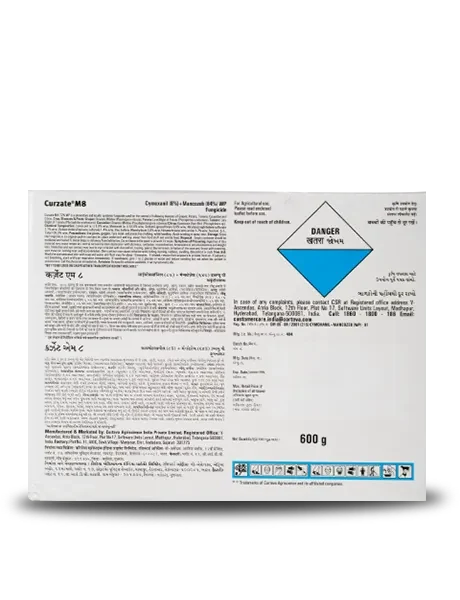 Label on Corteva Curzate M8 Fungicide packet showing Curzate Fungicide technical content details,general information details in English and Hindi, 600g packet size.