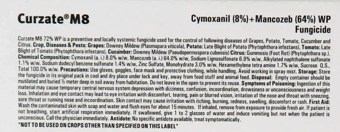 Label on Corteva Curzate M8 Fungicide packet showing Curzate Fungicide technical content details,general information details in English and Hindi, 600g packet size.