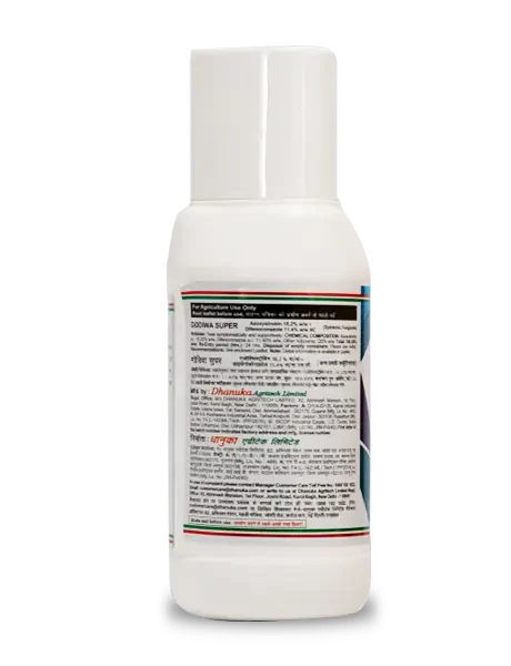 Back label of Dhanuka Godiwa Super fungicide bottle detailing chemical composition and manufacturing information.