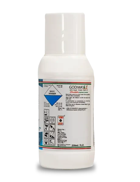 Side label of Dhanuka Godiwa fungicide bottle displaying safety warnings, a blue danger diamond, and use icons.