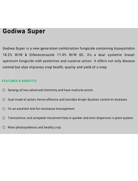 Product details and features of Godiwa Super combination fungicide containing Azoxystrobin and Difenoconazole.