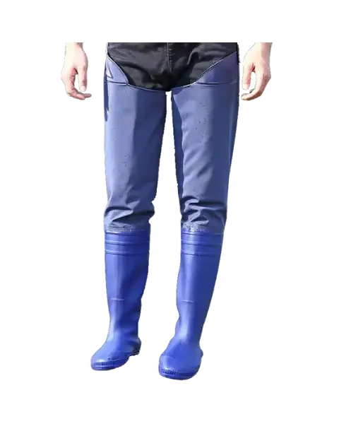A person wearing blue thigh-high waterproof hip wader boots, isolated on a white background.