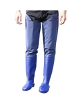 A person wearing blue thigh-high waterproof hip wader boots, isolated on a white background.