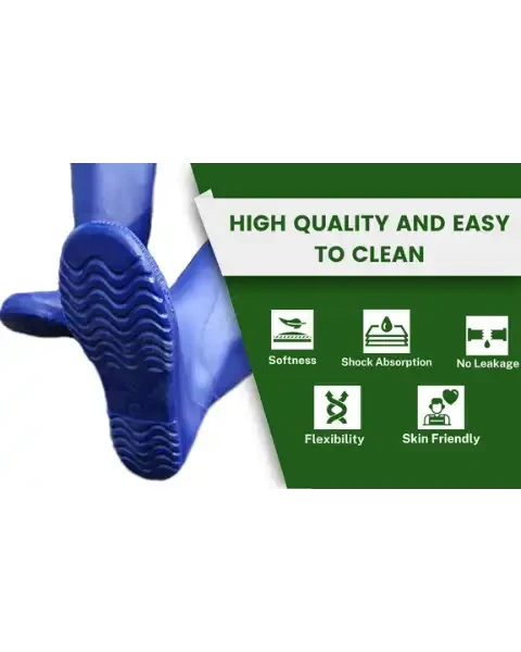 Blue wader boot sole highlighting features: softness, shock absorption, no leakage, flexibility, and skin friendly.