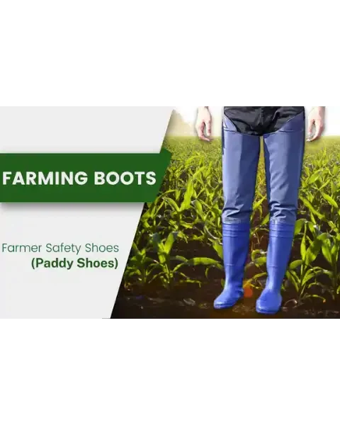Blue farming boots advertised as farmer safety paddy shoes, shown worn by a person standing in an agricultural field.