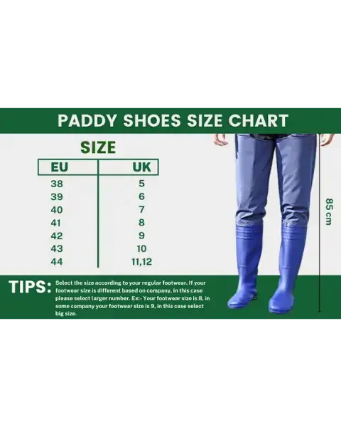 Paddy shoes size chart comparing EU and UK sizes, featuring sizing tips and an 85 cm tall blue wader boot graphic.