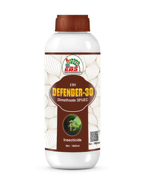 EBS DEFENDER-30 Dimethoate 30% EC insecticide bottle with a brown cap, showing a 1000ml net volume and pest graphic.